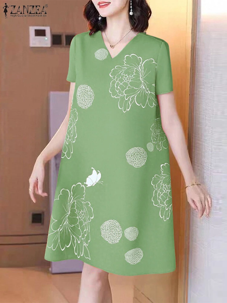 Abito elegante con stampa Abito estivo al ginocchio retrò Casual scollo a V Manica corta Abiti ZANZEA 2025 Abito da festa estivo oversize