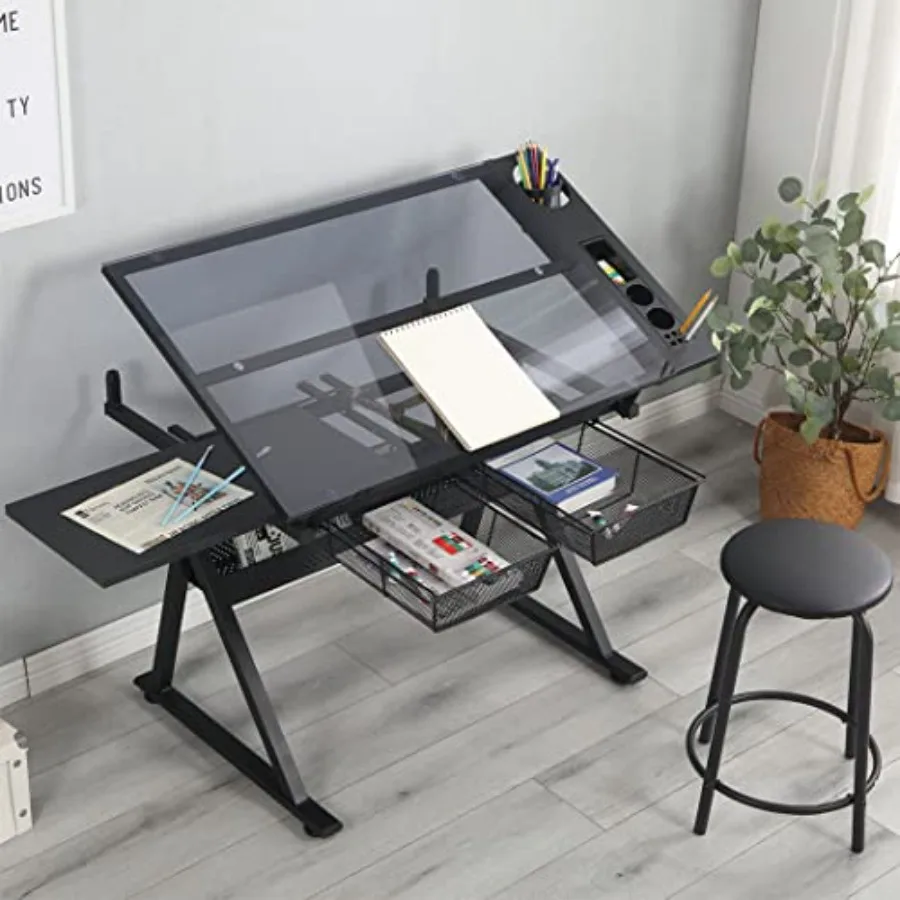 Glass Drafting Table Art Desk Height Adjustable Multifunctional Modern Artist Drawing Table Tilted Tabletop with Chair and Draw