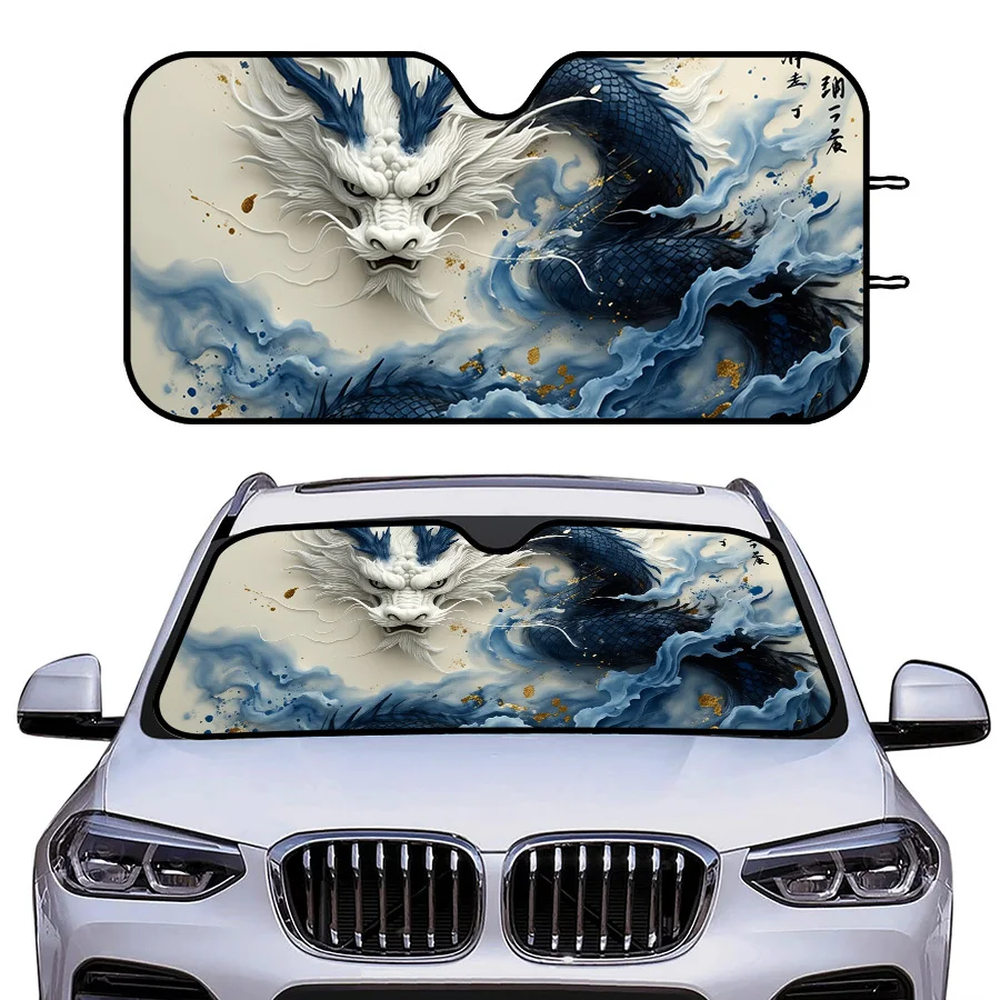 Multi-Functional Foldable Car Window Sunshade 3 Sizes, Blue And White Dragon Pattern With Golden Accents, UV Protection For Wind