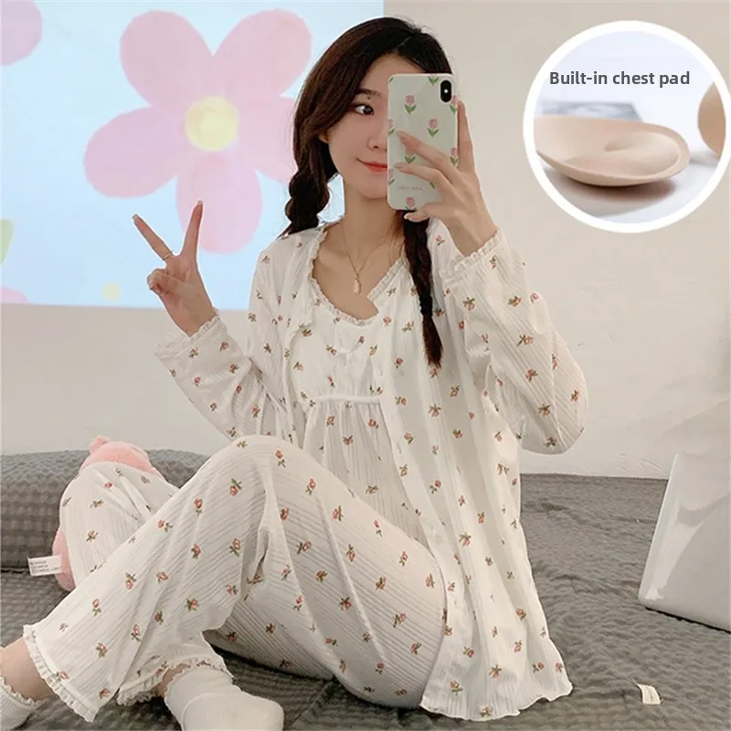 

Pure Cotton Sleepwear Women's Spring Summer Autumn Thin Strap Long Sleeve Long Pants Three-piece Set Floral Print Home Clothes