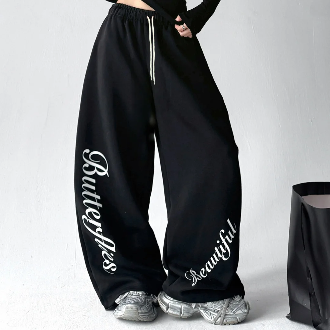 American Adults/Kids Letter Print Wide Leg Pants Women's Hip Hop Street Dance Loose Casual Trousers High Waist Straight Cut