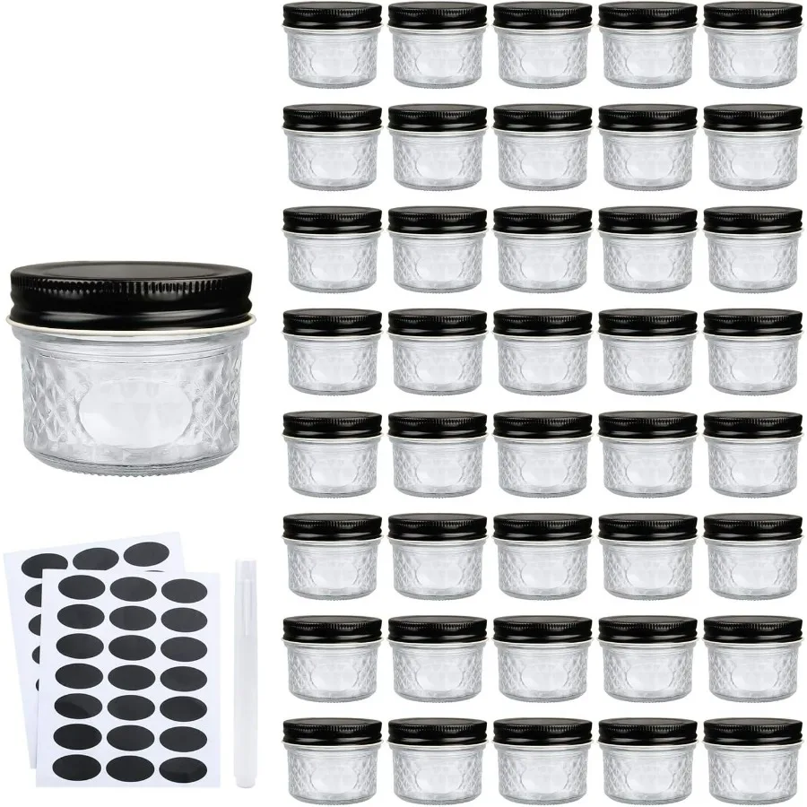 

4 oz Glass Jars With Lids（Black）,Small Clear Canning Jars For Caviar,Herb,Jelly,Jams,Mini Wide Mouth Mason Jars Spice Jars For K