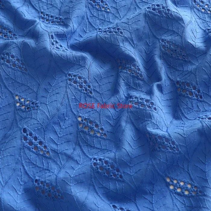 

Pure Cotton Blue Leaves Hollow Embroidered Cotton Fabric for skirts, dress, blouse, tops, table cover, costumes design