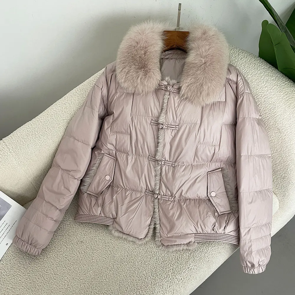 OFTBUY Chaqueta de Plumón de Pato Blanco con Piel de Zorro Auténtica, Estilo Vintage, Holgada, Corta, Abrigo Acolchado Cálido para Mujer, Parka de Invierno 2026