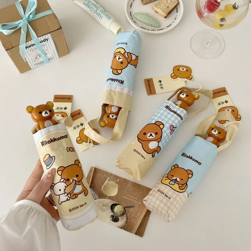 Adorable parapluie pliable de poche avec poignée en forme de poupée Rilakkuma, au design attrayant
