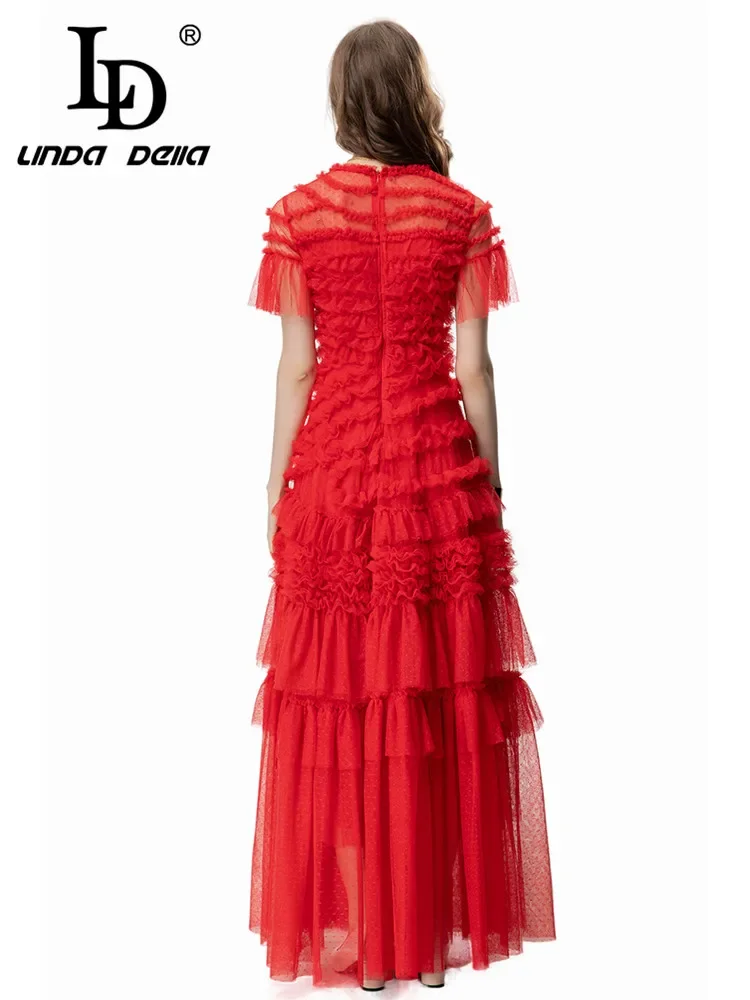 LD LINDA DELLA 2024 Summer Italian Elegant Luxury Dress Women's Solid Color Net Yarn Cascading Ruffle Embroidery Elegant Dresses