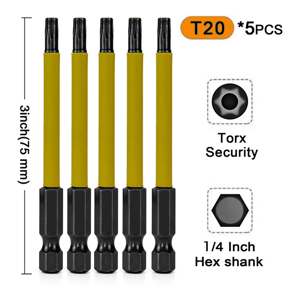 

Premium Magnetic Torx Drill Bits Set 5Pcs T15 T20 T25 Screwdriver Bits with 1/4 Inch Hex Shank 75mm Length for Secure Fastening
