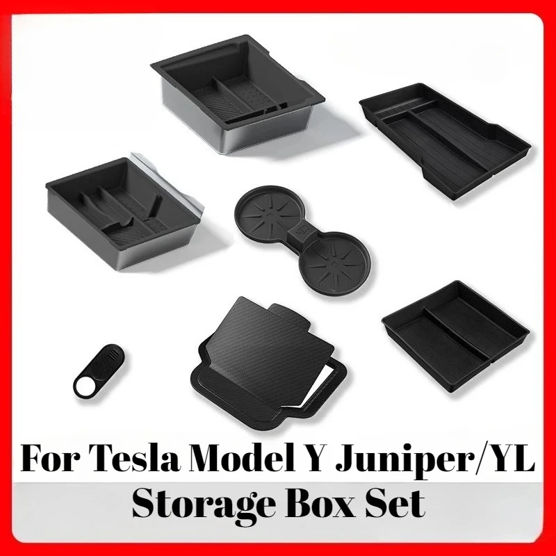 For Tesla Model Y Juniper/YL Center Console Armrest Storage Box Set Non-Slip Cup Pads Organizer Trays Car Interior Accessories