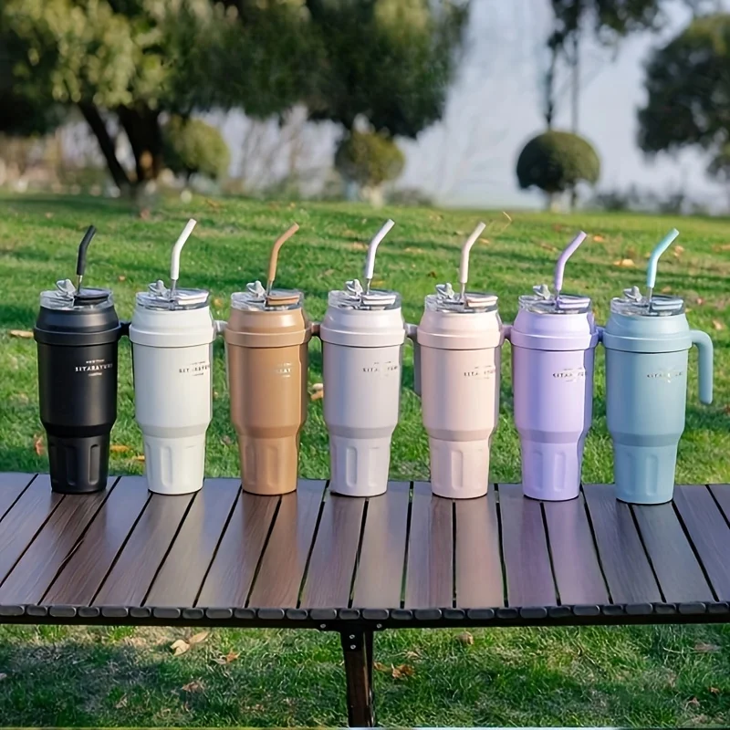 1 قطعة ترمس من الفولاذ المقاوم للصدأ كوب 1450 مللي قدرة الرياضة في الهواء الطلق اللياقة البدنية وعاء شرب مزدوج سيارة كوب بوليون الجليد مع القش