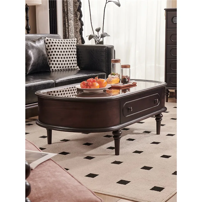 طاولة القهوة الأمريكية الرجعية الزجاج تخزين الراقية الأثاث الأسود طاولة القهوة الخشبية الصلبة