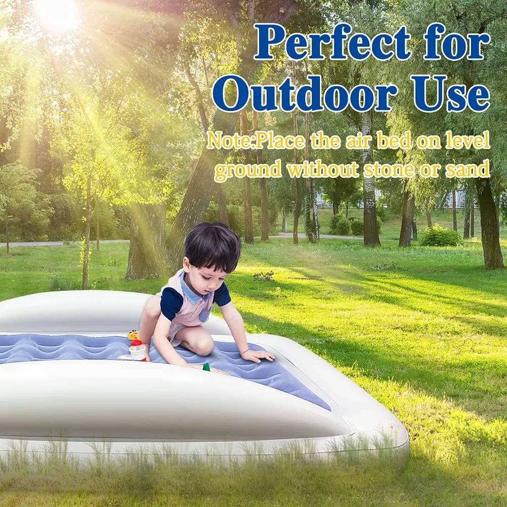 Inflatable Kids Travel Bed Toddler Air Mattress Set - Portable Blow Up Mattress Sleeping Bed Cot with Security Bed Rails