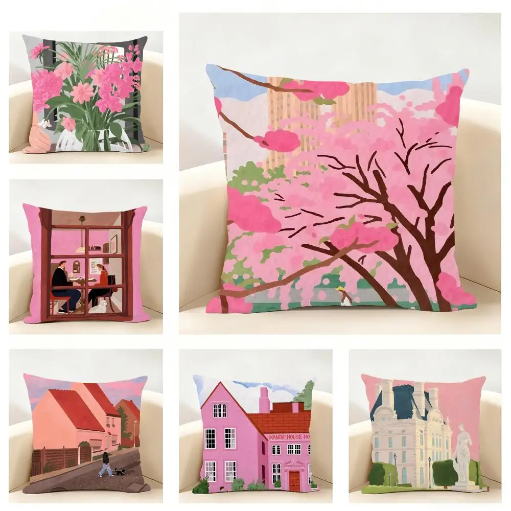 Joyful Happy pink bubble illustration Cushion Cover Linen Minimalist Soft  for Sofa Bed Home Room Decor