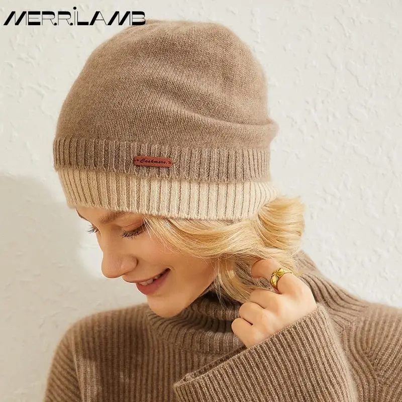 MERRILAMB 100% Cashmere Hat Women Winter Thickened Warm Earmuffs Hood Caps Pile Caps Female Knitted Hats