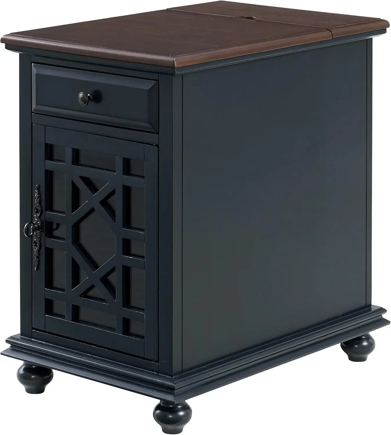 Elegante mesa auxiliar para el lado del sofá con toma de corriente — 24″ de ancho x 16″ de profundidad x 25″ de altura, azul Catalina con tapa de nogal — Mesa auxiliar de estilo transicional pintada con tapa de nogal