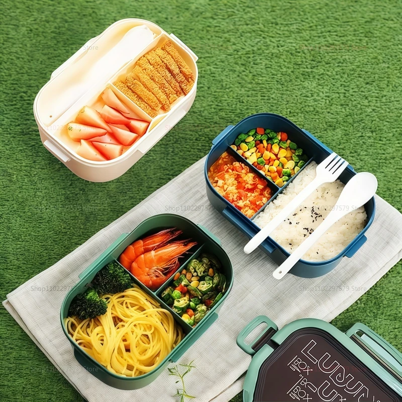 صندوق غداء بينتو محمول بطبقة مزدوجة مانع للتسرب مع أدوات مائدة وآمنة للاستخدام في الميكروويف وحاوية تخزين طعام الأطفال وإكسسوارات المطبخ