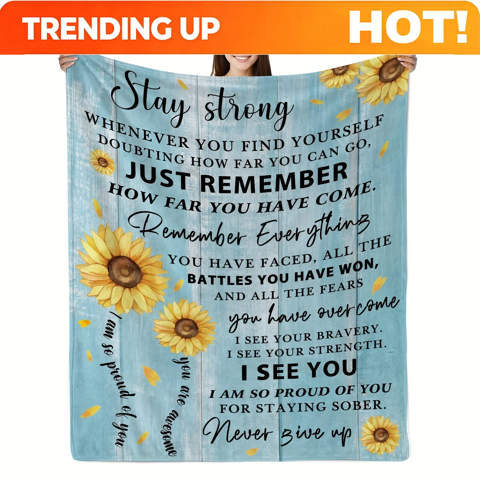 Customize 1pc of a Women'S Recovery Blanket in Blue Flannel Featuring a Sunflower Design And The Motivational Phrase 