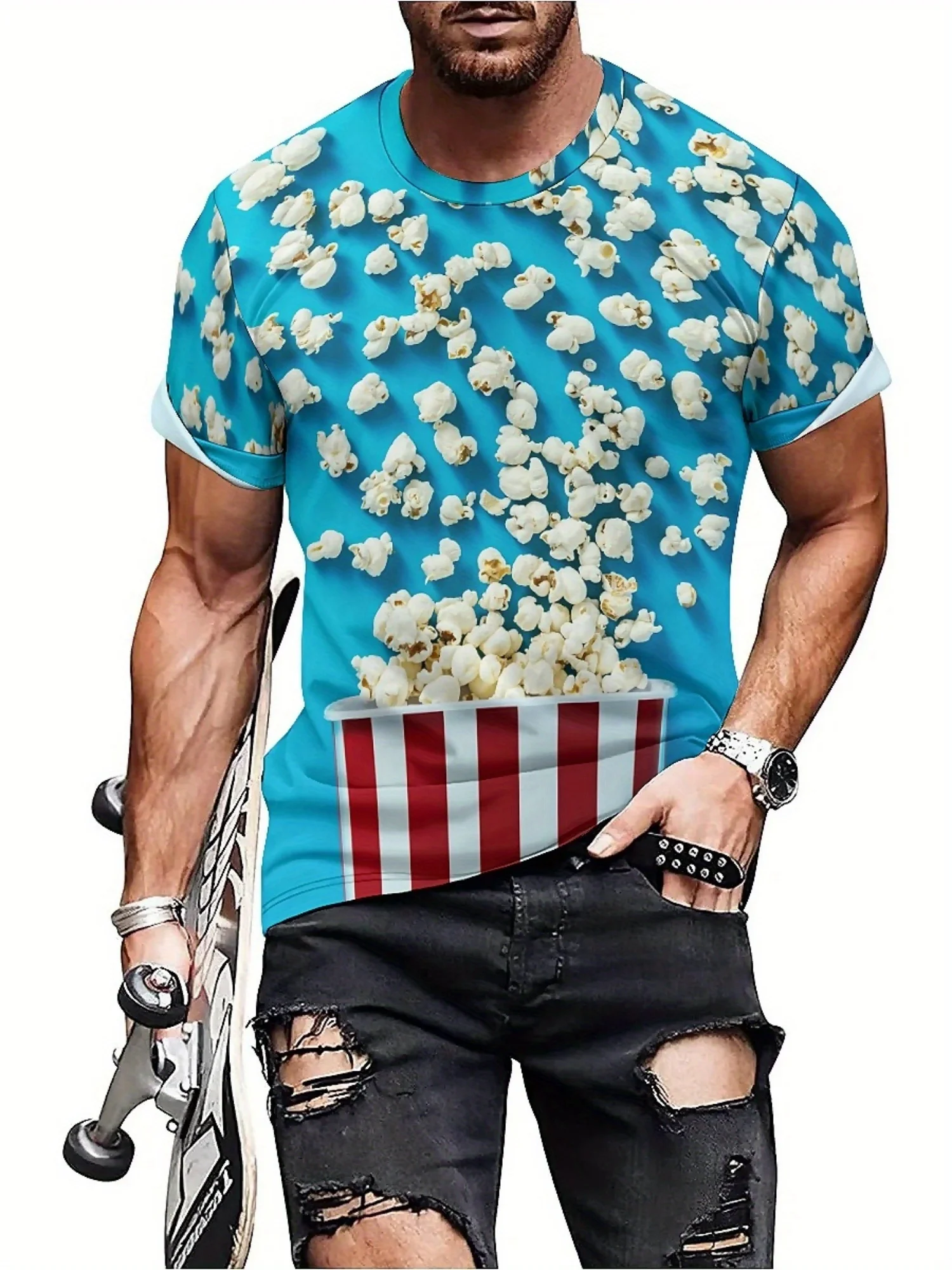 Men's 3D Popcorn Print T-Shirt, Light Blue with Realistic Food Design, High-Quality Polyester Fabric