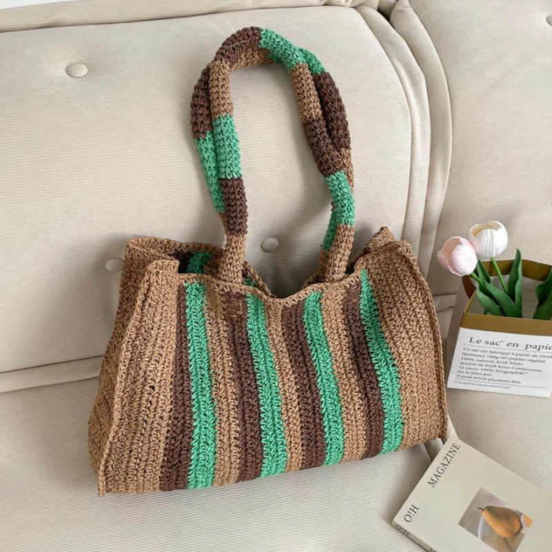 

Сумка-тоут из плетеной соломки ручной работы в богемном стиле, высококачественная, вместительная, с цветовыми блоками, для пляжного отдыха, на плечо, сумка-тоут, сумка-клатч