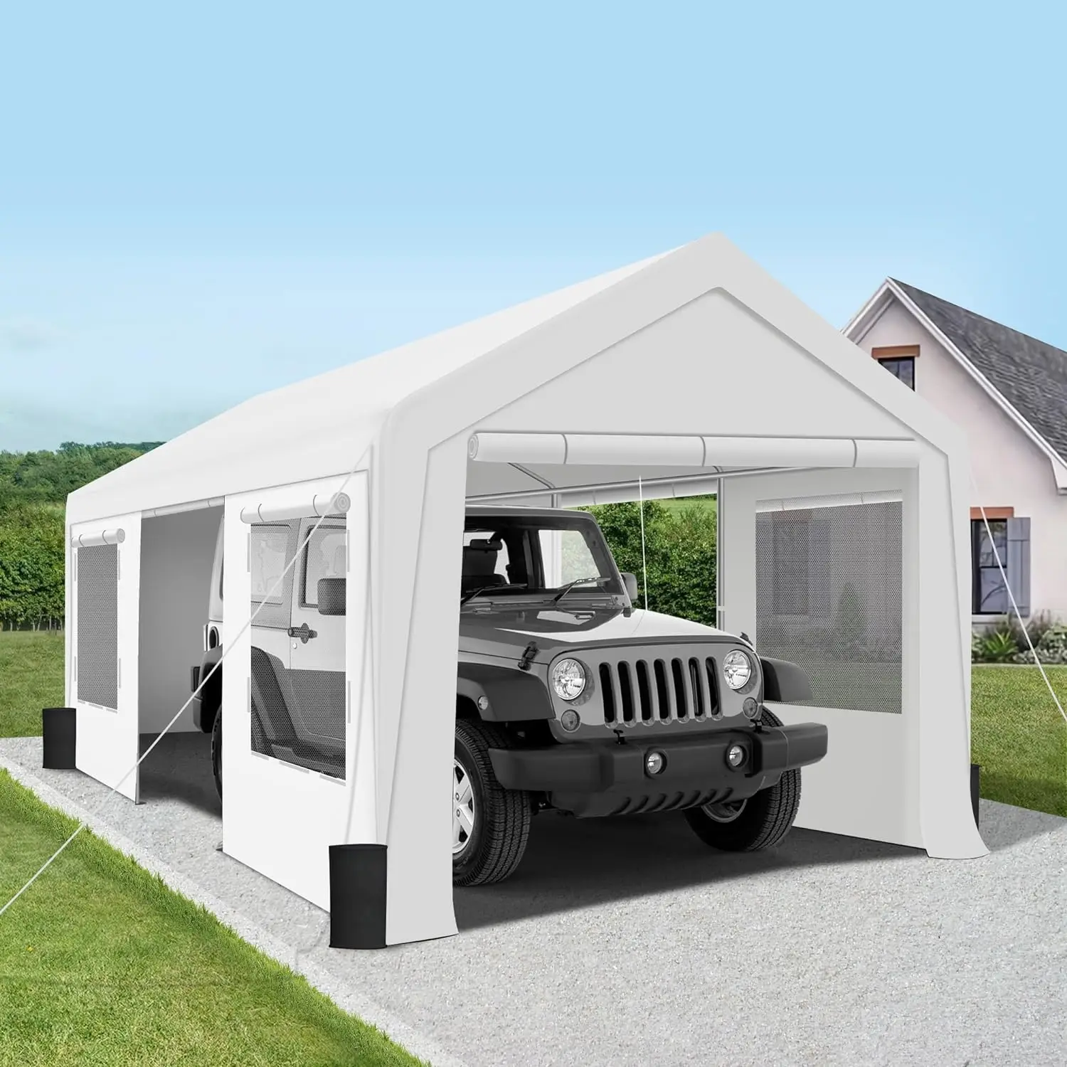 10' x 20' Heavy Duty Carport - Extra Large Outdoor Shelter with Roll-up Ventilated Windows & Side Doors Portable Garage for Car