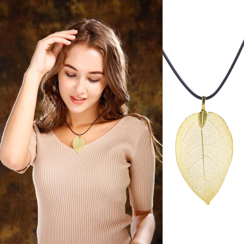 LOVBEAFAS Unique Natural Real Leaf Choker Pendant Necklace For Women True Leaves Shape Filigree Vintage Necklace Jewelry Gift