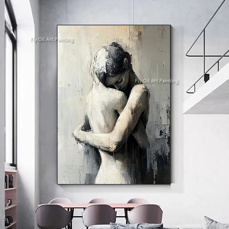 Modern Grey Brown Women Artwork Handmade Original Sexy Woman's Back Oil Painting On Canvas New Girl Hug Wal Art Decor For Home