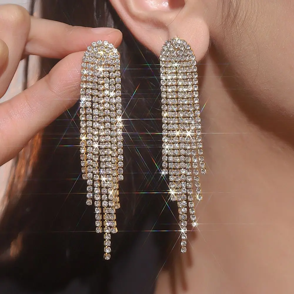 Unique Rhinestones Long Fringe Earrings Sparkly Women Accessories Dangle Chain Stud Earrings Women Drop Earrings Women Fashion