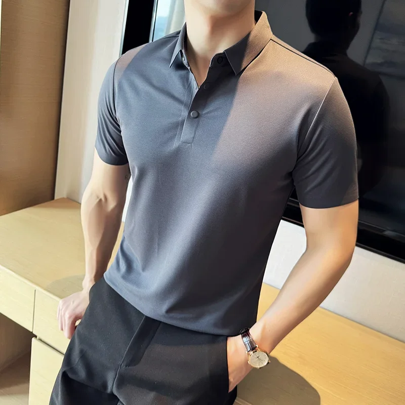 2024Men High Quality Anti Wrinkle Magnetic Polo Shirt Fashion Solid Color Trend High Street Business Leisure Hombre Short Sleeve