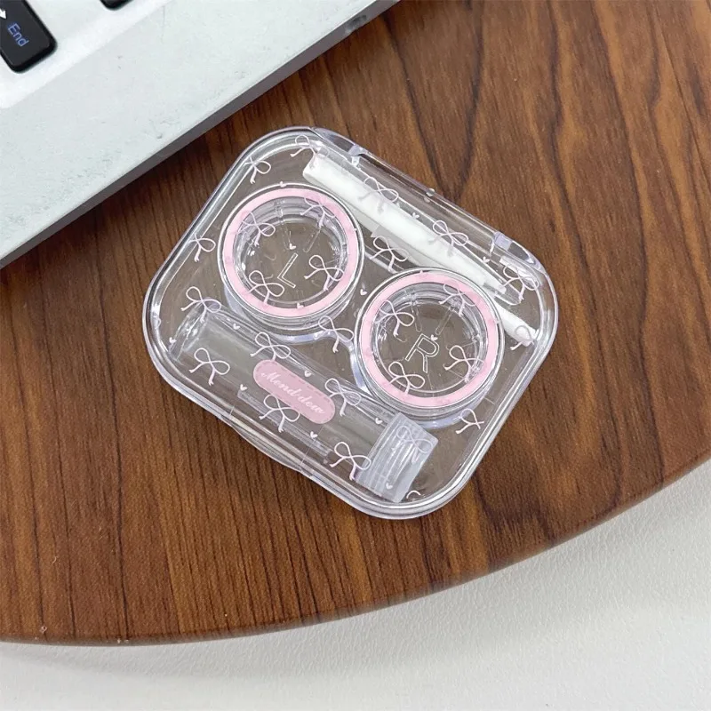 Women's Bow Print Clear Contact Lens Case Portable Transparent Lens Storage Box with Tweezers Solution Bottle Case