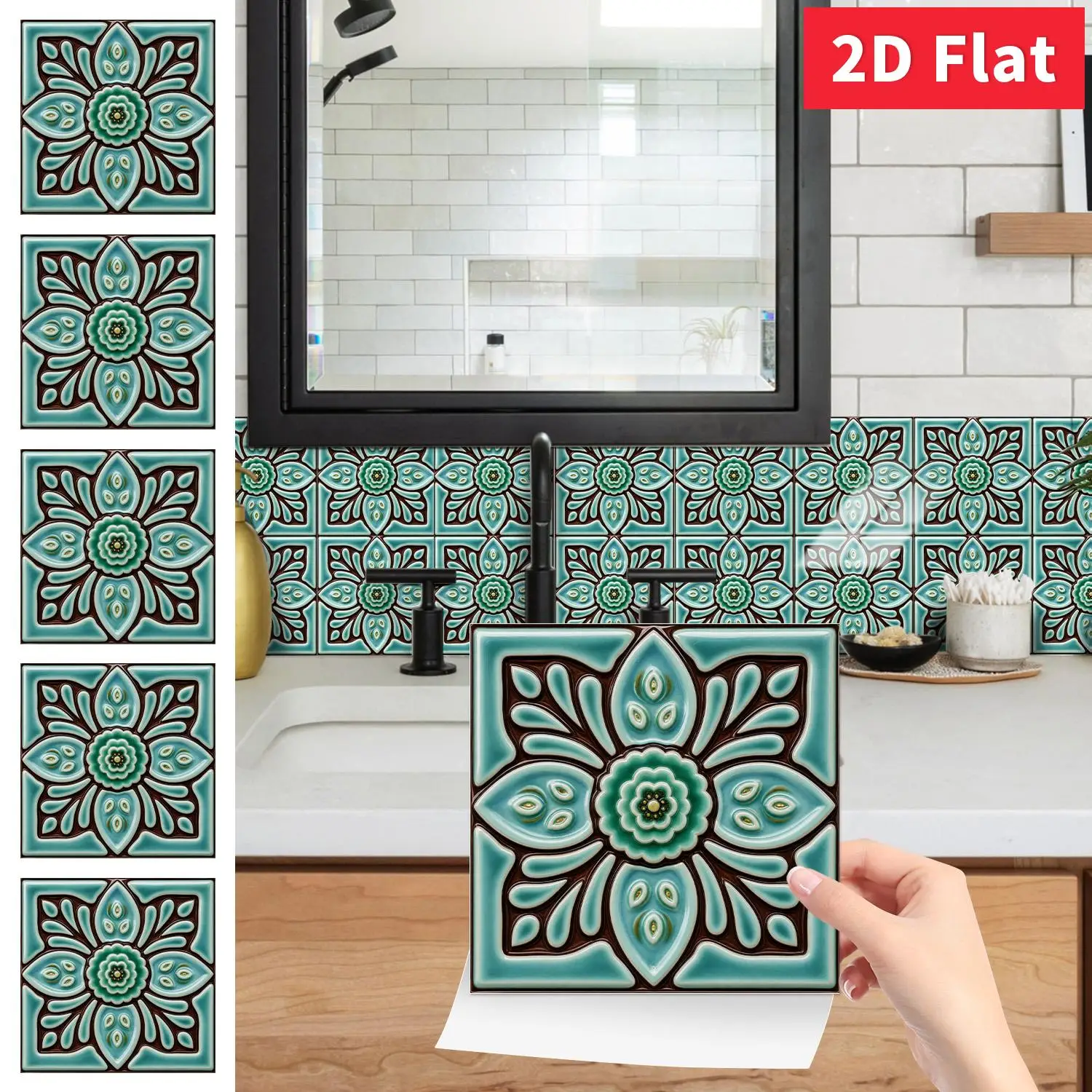 6 Inch Vintage Flower Tile Stickers 8/16/32/64‑Pack Removable Wall Decals for Kitchen Backsplash Bathroom Decoration