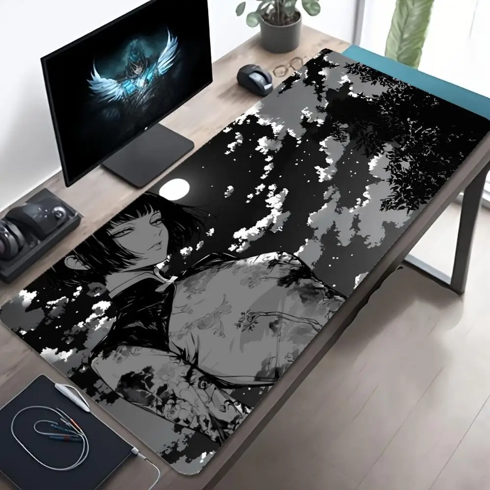 XXL Chinese Qipao Anime Girl Mousepad Black White Moon Night Line Art Deskmat Anti-slip Rubber Overlock Keyboard Gaming Mats