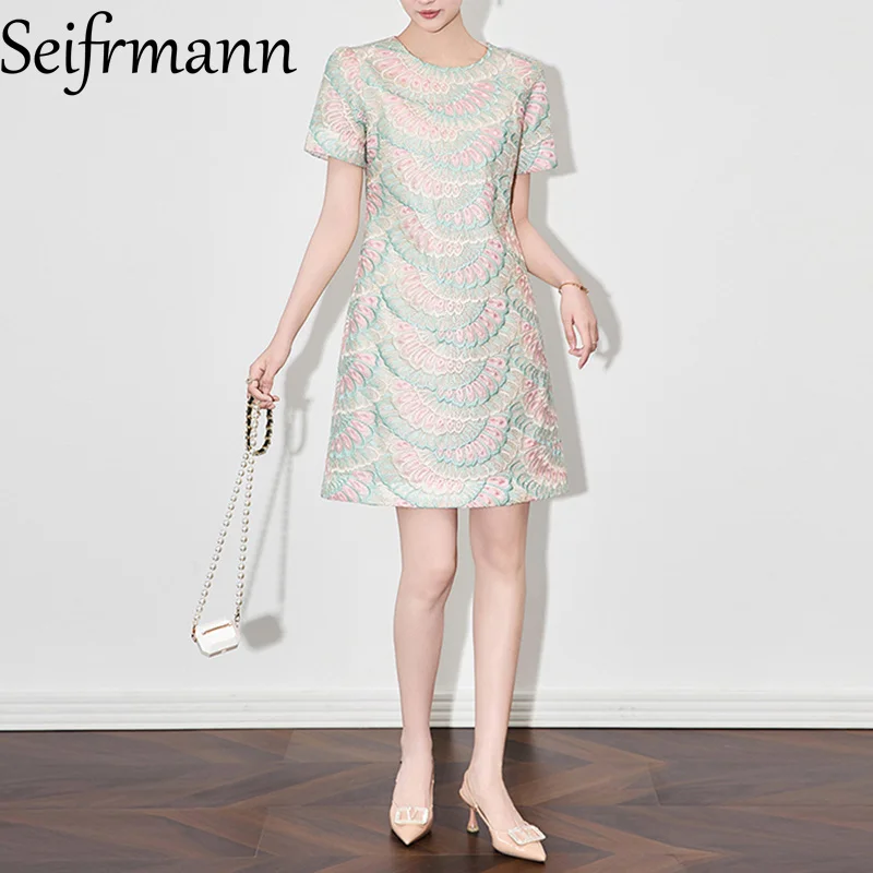 

Seifrmann Chic Elegant Designer Women Dress Embroidery Short Sleeve High Street Dresses Spring and Autumn 2025 New