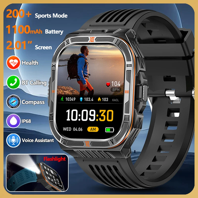 

2.01″ Smart Watch Built-in 1100mAh Battery Flashlight Compass Support IP68 Waterproof Health Fitness Bluetooth Call Smartwatch