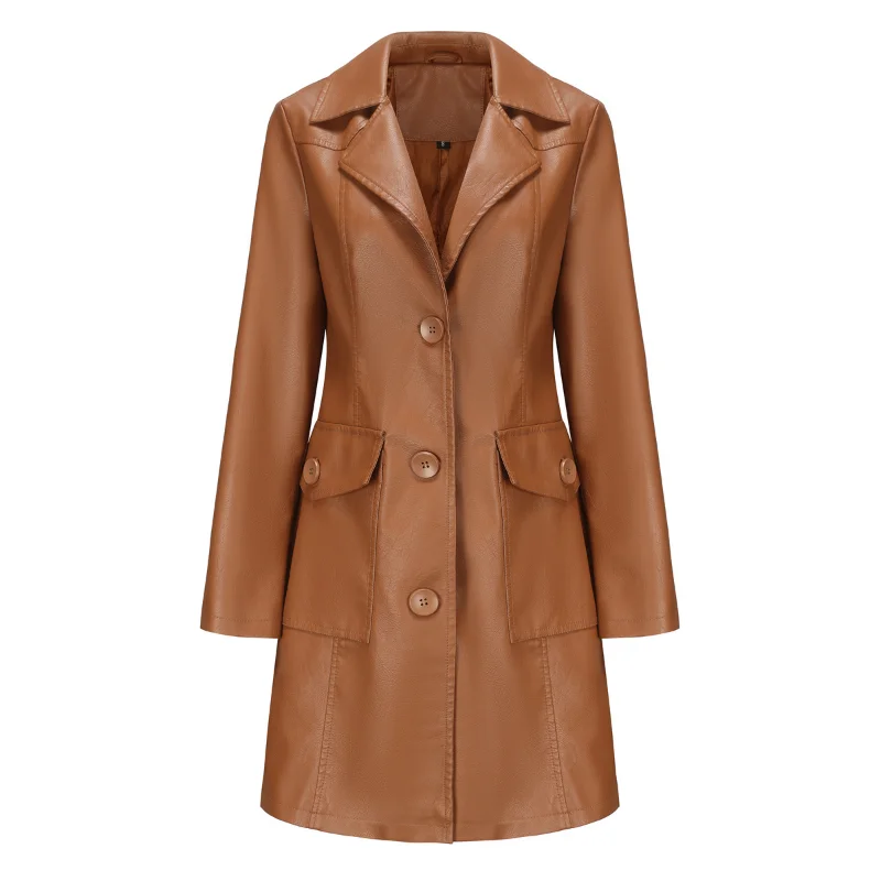 Women Lapel Long Coats Artificial Leather PU Spring Autumn Windbreaker Fashion Clothing British Jackets Camel Commuting Trench