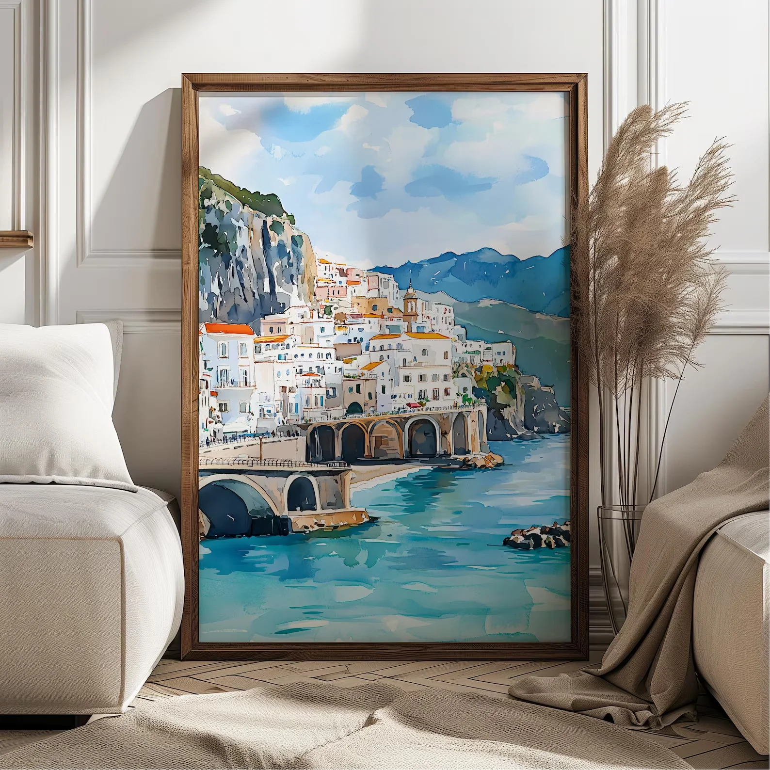 Watercolor Amalfi Coast Italy Art Print, Bright Coastal Landscape Wall Decor, Italian Seaside Town Illustration, Mediterranean T