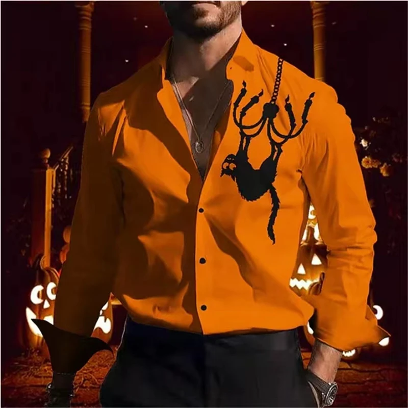 2023 New Halloween shirt for Men Fashion Skull for Men Shirt Pumpkin retro button Top Soft Comfortable shirt Luxury clothes