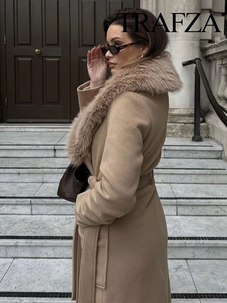 

TRAFZA Women's 2025 Autumn Winter New Large Wool Collar Long Woolen Jacket Female Simple Temperament Double Pocket Lace-up Coat
