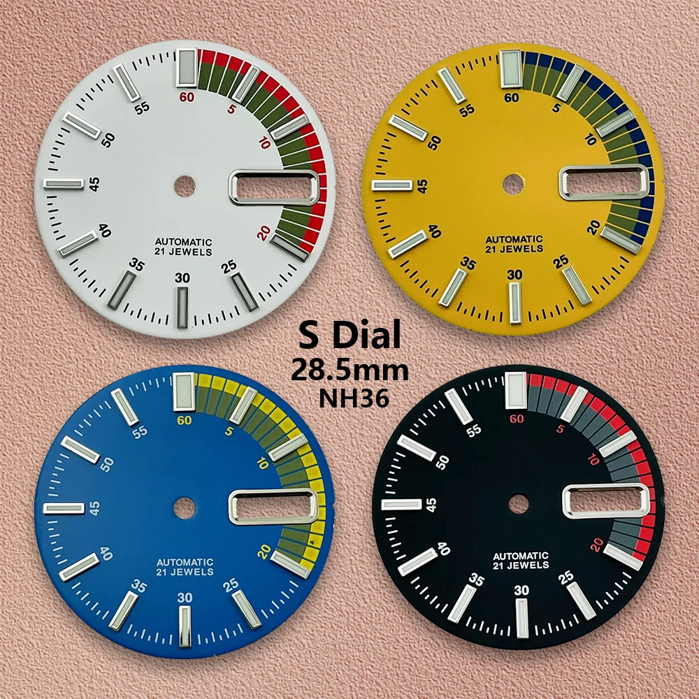 

28.5mm S5 Logo Diving Dial Fit NH36/4R36 Automatic Movement Green Luminous Matte Dual Calendar Watch Modification Accessories