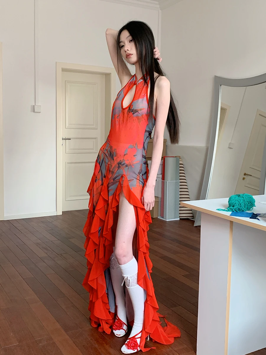 ReddaChic 女性花柄メッシュレッド袍ドレスオフショルダー背中の開いたカットアウトフリルスリットチャイナウエディングパーティー夏服