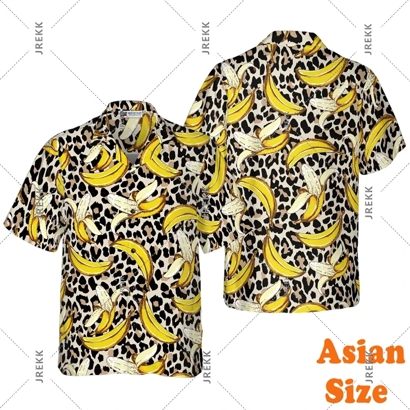 Leopard Banana Funny Shirt For Men's Clothing Fruit Theme 3D Print Short Sleeve Hawaii Shirt French Fries Hip Hop Men Blouse