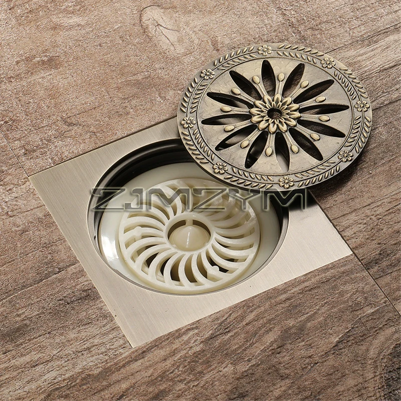 10*10cm Brass Antique Shower Drain Bathroom Square Cover 4inch Anti-odor Hair Strainer Balcony Floor Drain