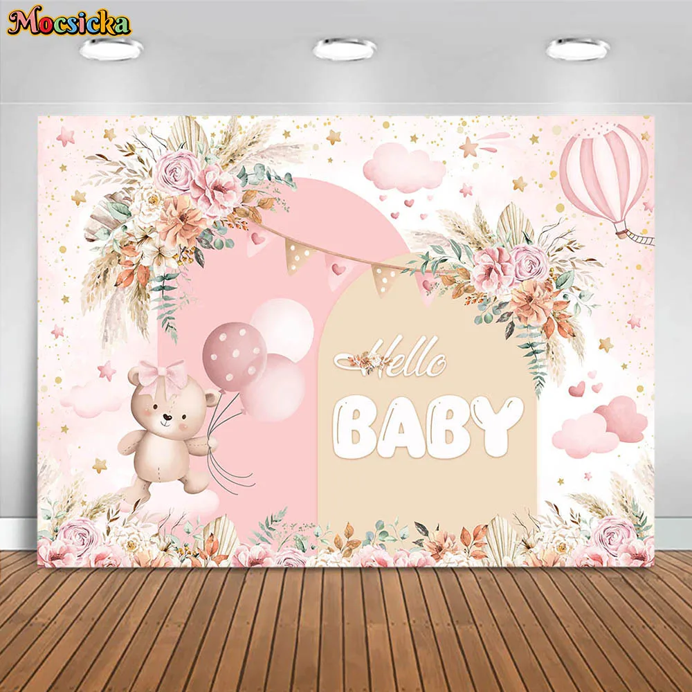 

Mocsicka Bohemian Baby Shower Backdrop Boho Flowers Hello Baby Girl Welcome Party Decor Photo Background Photocall Custom Banner