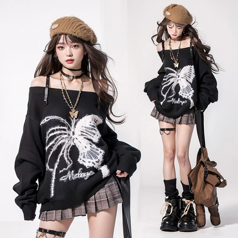 Y2K Black Sweaters Women Sexy Autumn Winter One Off Shoulder Knitwear Subculture Long Sleeve Tops Butterfly Loose Medium Sweater