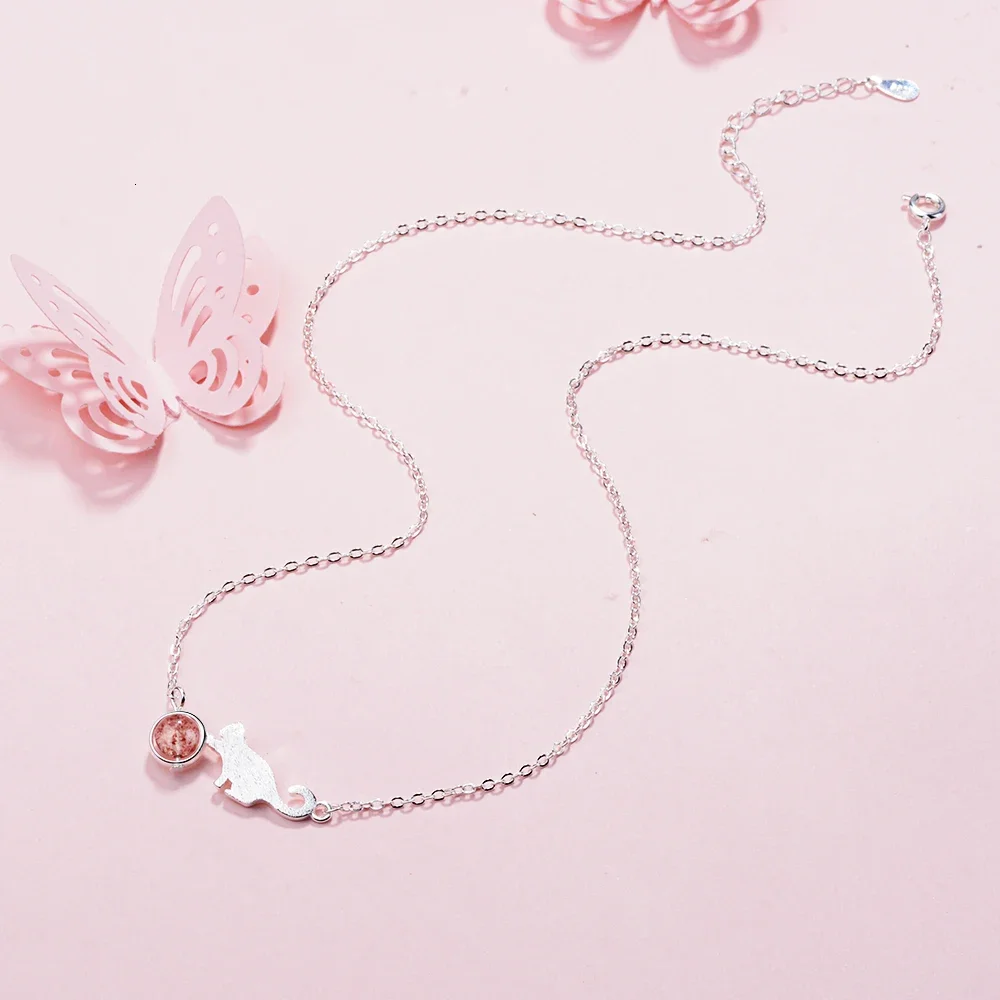 925 فضة الفراولة كريستال القط الحيوانات الأليفة سلاسل قلادة قلادة للنساء العلامة التجارية الفاخرة مجوهرات دروبشيبينغ هدية الزفاف #6