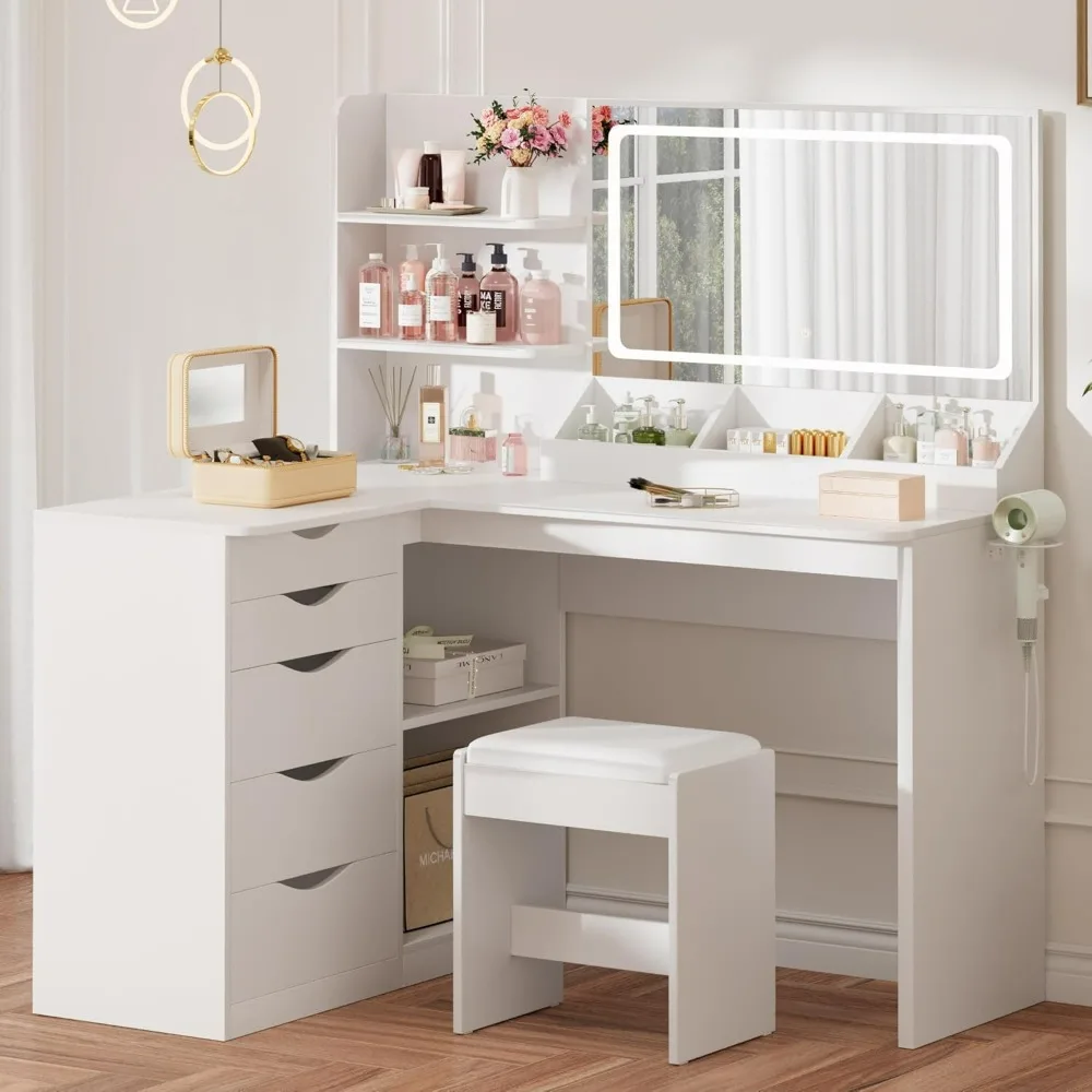 Furmax L Shape LED Mirror Vanity Desk Power Outlet 3 Shelves 5 Drawers 3 Light Modes Makeup Table Bedroom White