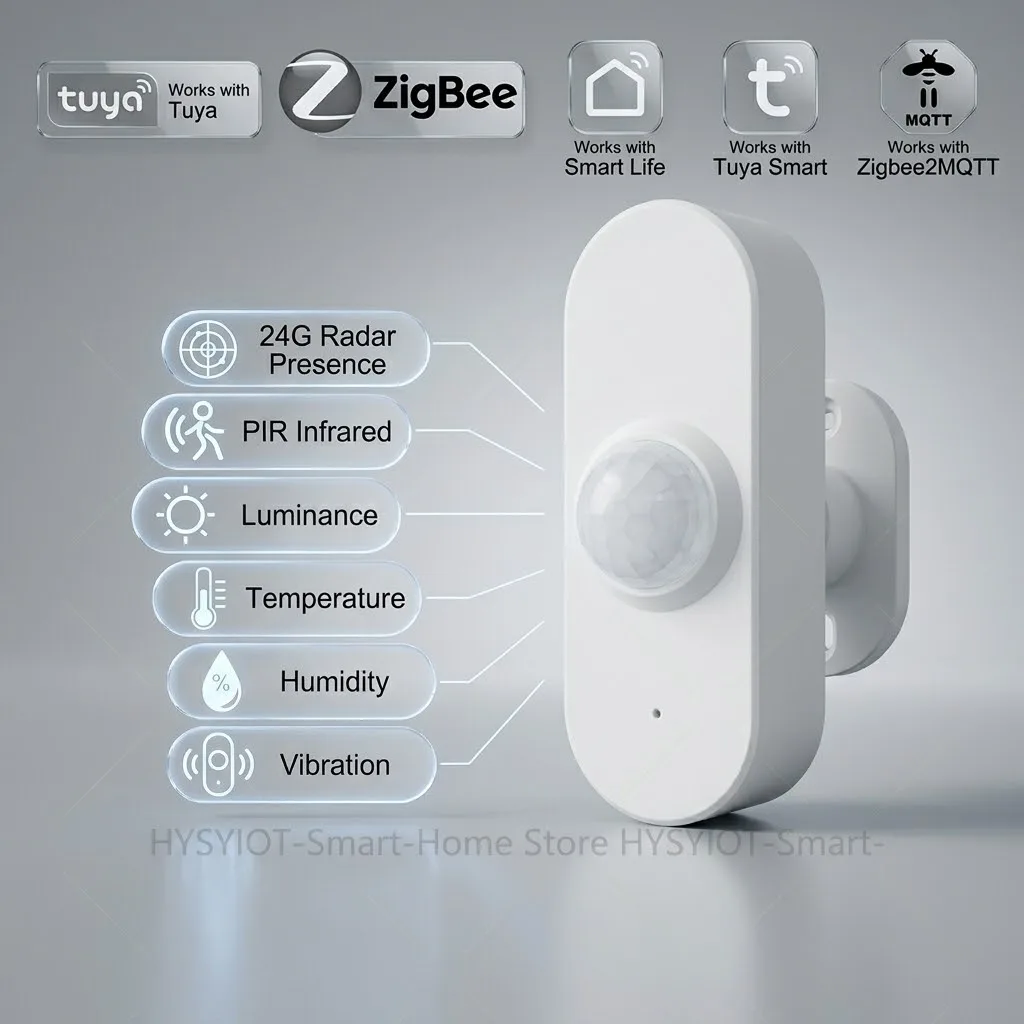 Sensore di Presenza Umana Radar a Onde Millimetriche 24G + Sensore di Movimento PIR, Luce, Temperatura, Umidità, Alimentazione USB/Batteria, Supporto 