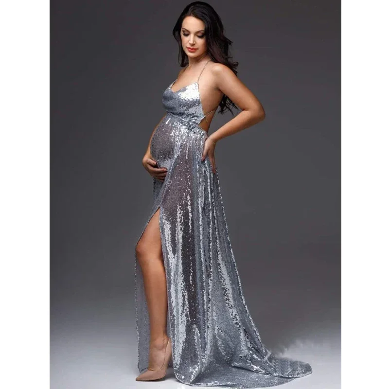 Sexy Backless Pregnancy Dress Photography Props Silver Long Skirt for Photo Shoot Maternity Sling Mermaid Evening Dress