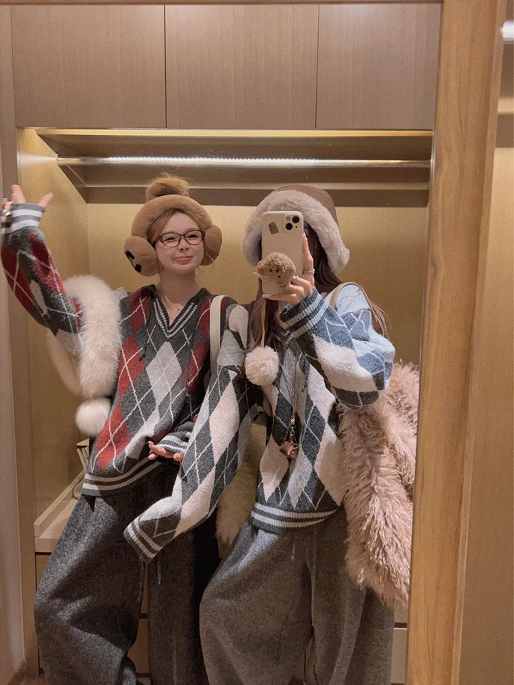 

Ruth's Yukiss Camere Feel College Sle Diamond Pattern Hoodie Sweater Women's Loose Fit Winter Long Sve Thiened Cardigan