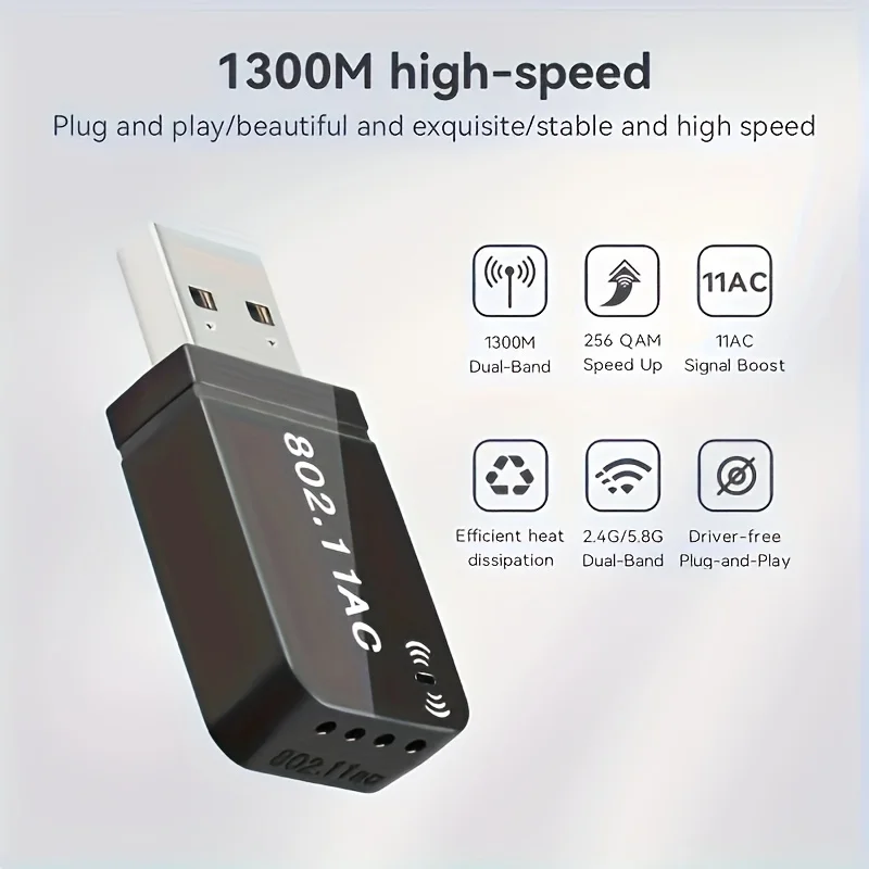 Adaptador sem fio USB 1300Mbps, adaptador de cartão LAN sem fio, dongle WiFi para laptop de mesa, banda dupla 2,4G/5,8GHz, suporta 802.11ax