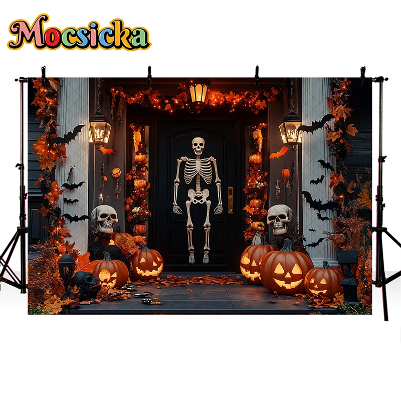 Mocsicka Halloween Background Photography Scary House Pumpkin Skeleton Decor Kids Birthday Baby Portrait Photo Backdrop Studio