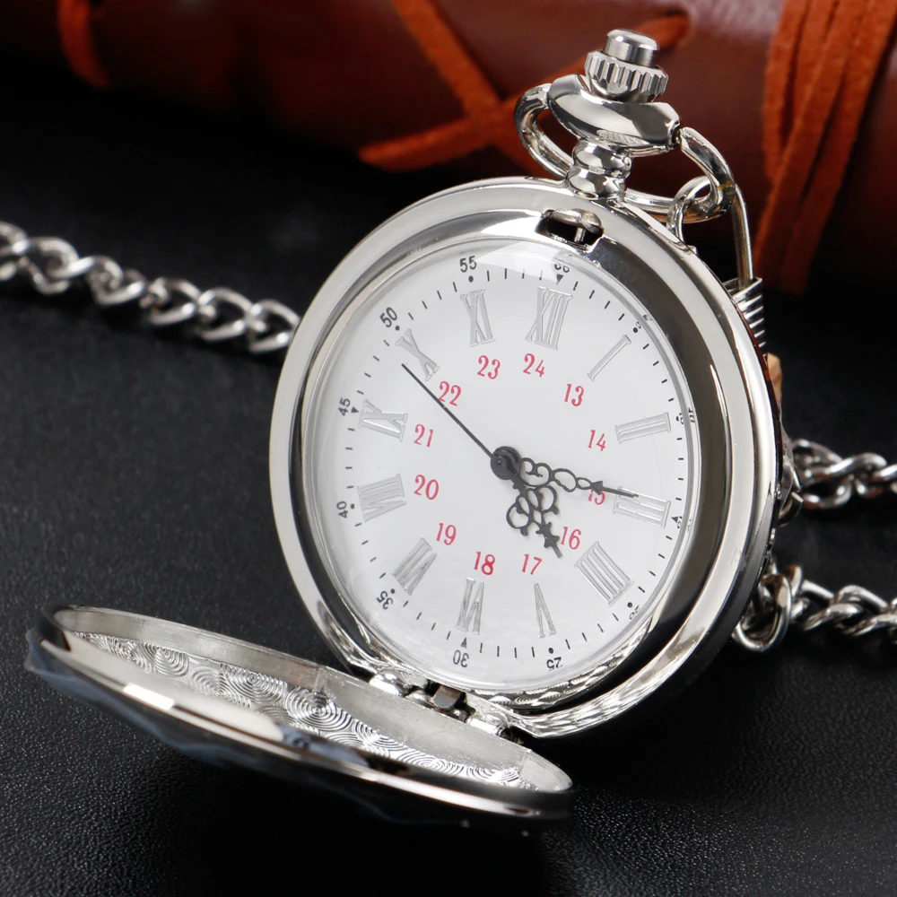 

Silver Both Sides Smooth Quartz Pocket Watch Roman Numerals Popular Decorative Strap Chain Pendant Clock Men Women Student Gifts